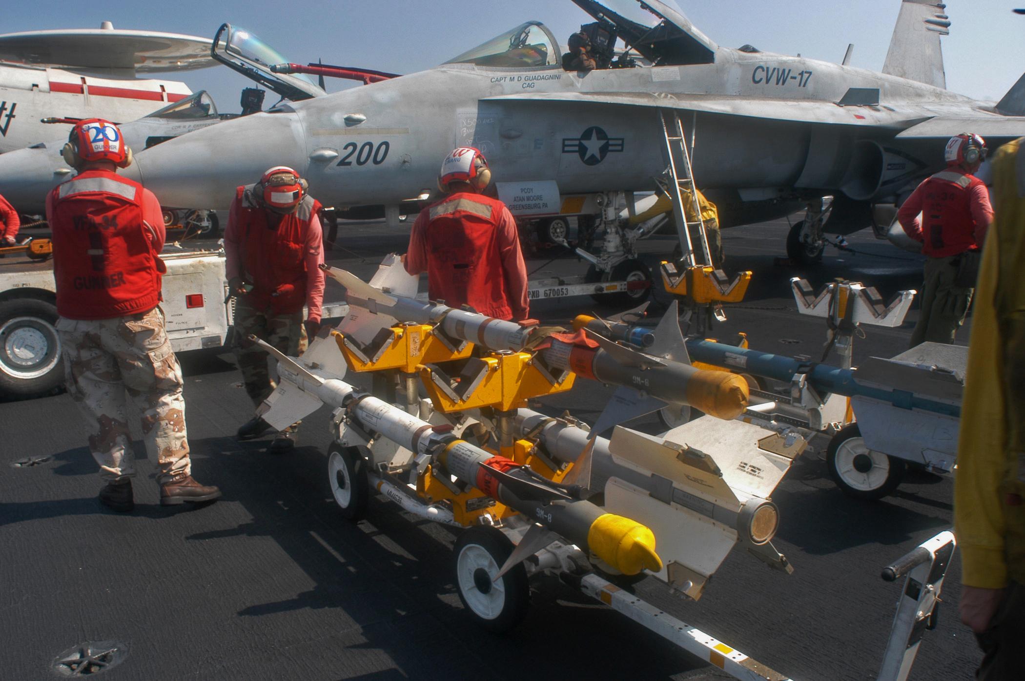 AIM-9 Sidewinder missile being loaded onto an F/A-18