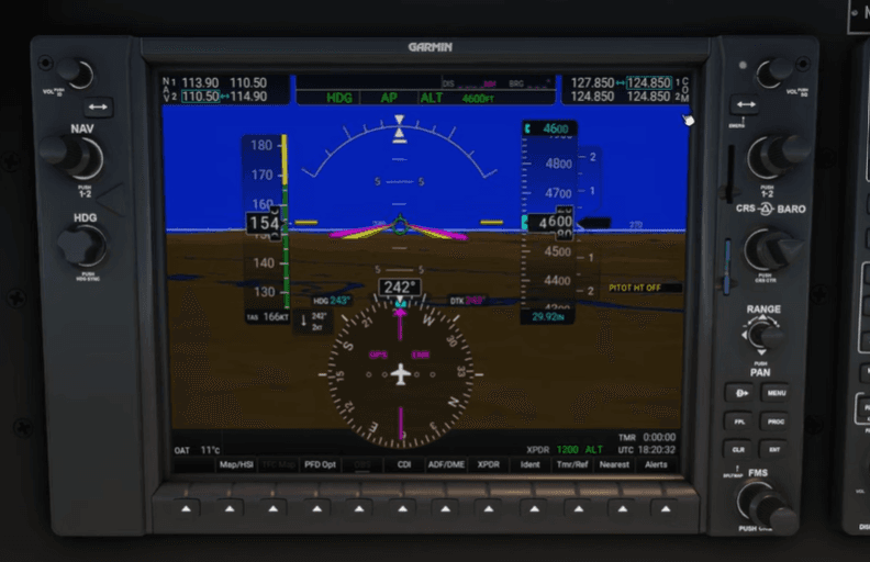 El Garmin G1000 PFD mostrando la pantalla de vuelo primaria con los controles de autopiloto visibles en el lado derecho del panel