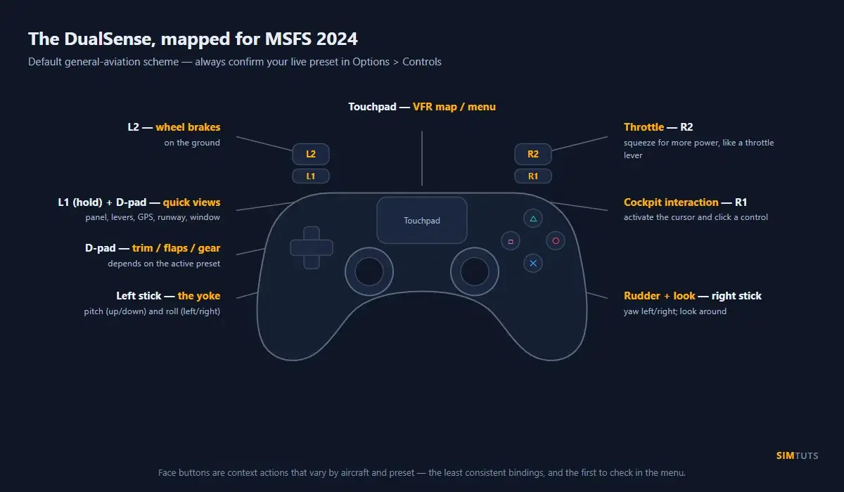 Diagram of a DualSense controller mapped for MSFS 2024: left stick for pitch and roll, right stick for rudder and looking around, R2 throttle, L2 wheel brakes, L1 plus D-pad for quick views, R1 for cockpit interaction and the touchpad for the VFR map
