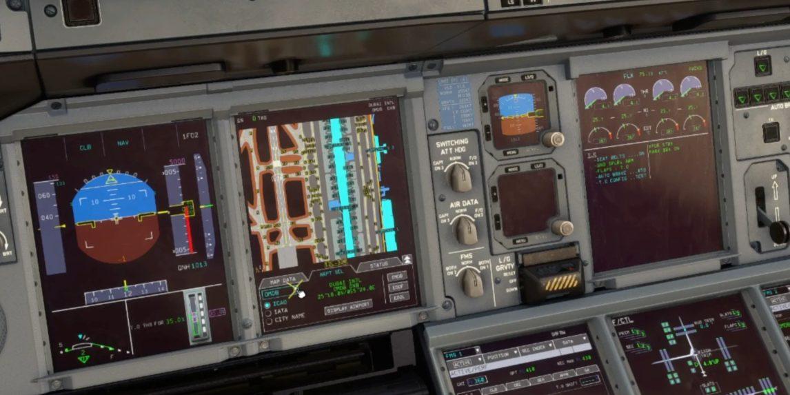 FlyByWire A380X glass cockpit fully powered, showing the PFDs, NDs, ECAM and MFDs