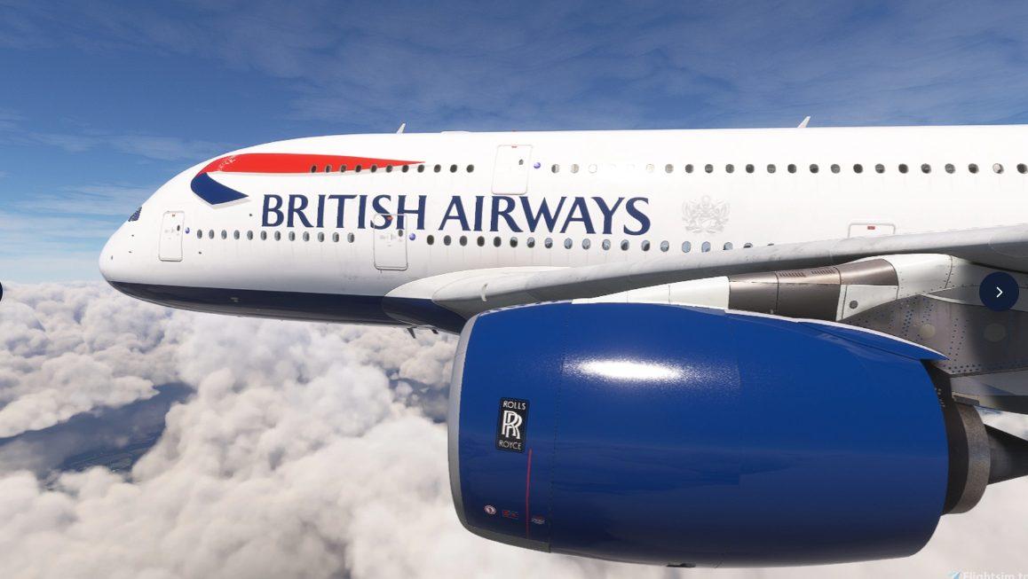 A British Airways Airbus A380 in cruise above the clouds — the aircraft modelled by the FlyByWire A380X for MSFS