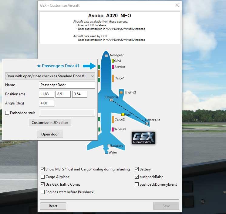 GSX Aircraft Editor showing door positions and service points on an A320neo