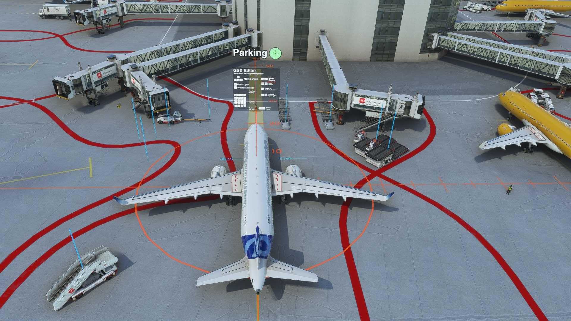 GSX airport editor showing jetway alignment lines and parking position