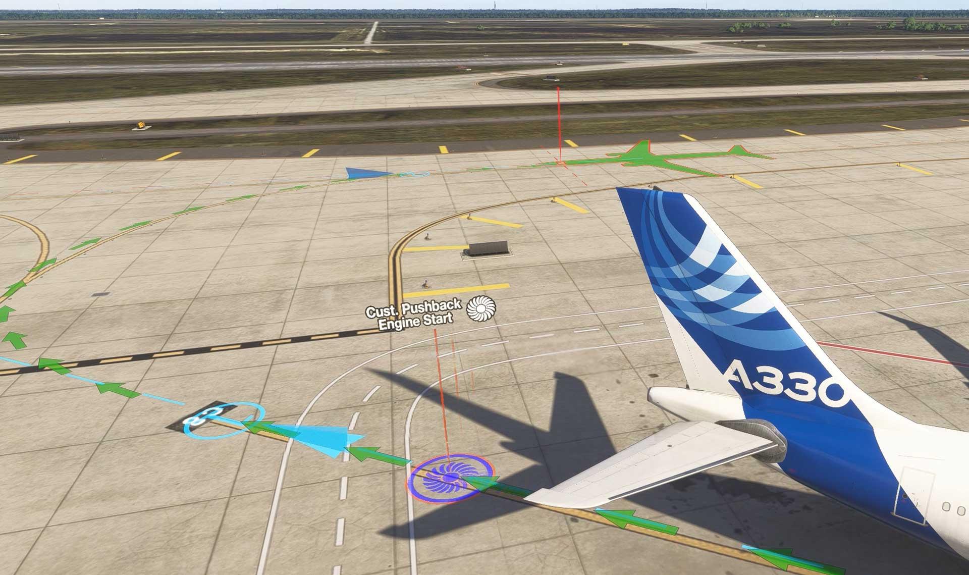 Custom pushback path with engine start point marked on an A330