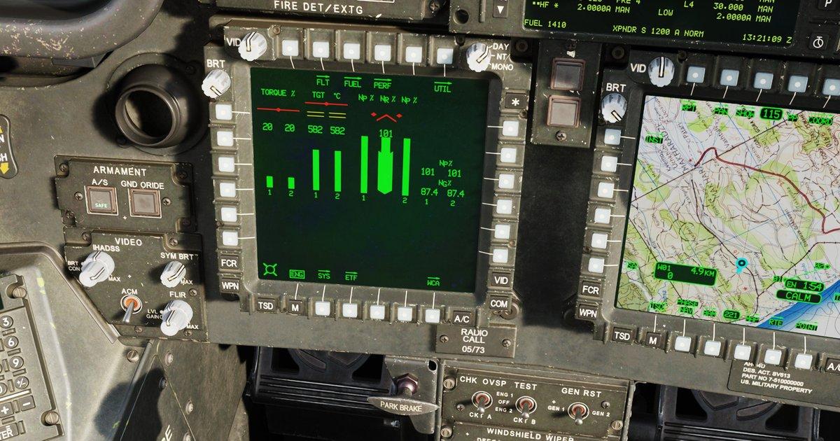 Military helicopter cockpit multifunction display showing engine performance gauges with torque, TGT, fuel, and power readings alongside a tactical moving map
