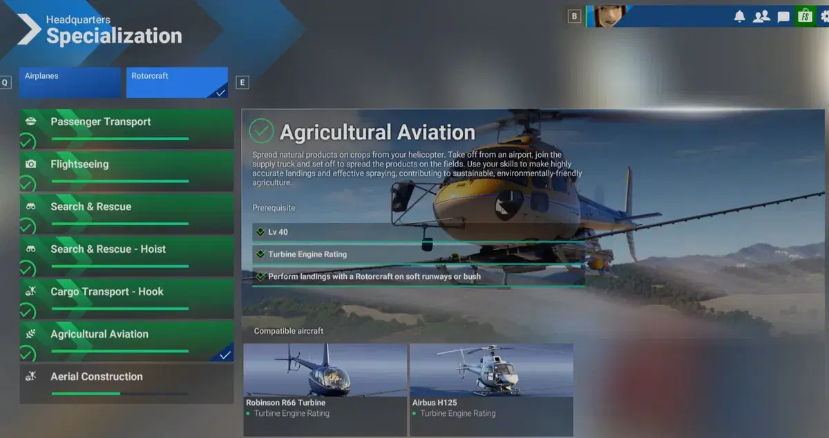 MSFS 2024 career mode specialization screen showing company types including Agricultural Aviation