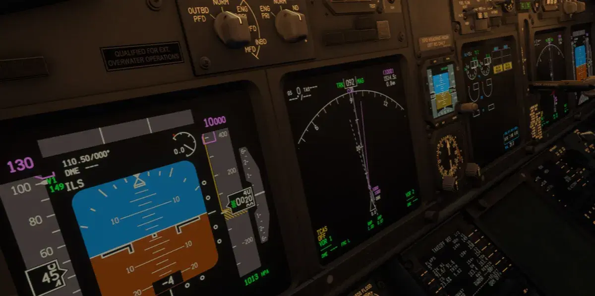 PMDG 737 cockpit showing the PFD with flight path vector and Navigation Display — the Boeing layout for managing a visual approach