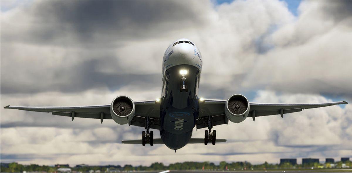 PMDG 777-300ER on final approach, front view with landing gear extended