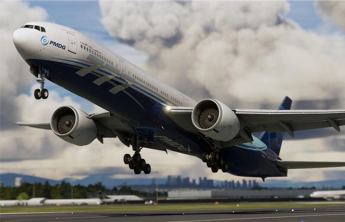PMDG 777-300ER rotating on takeoff with gear retracting, rear quarter view