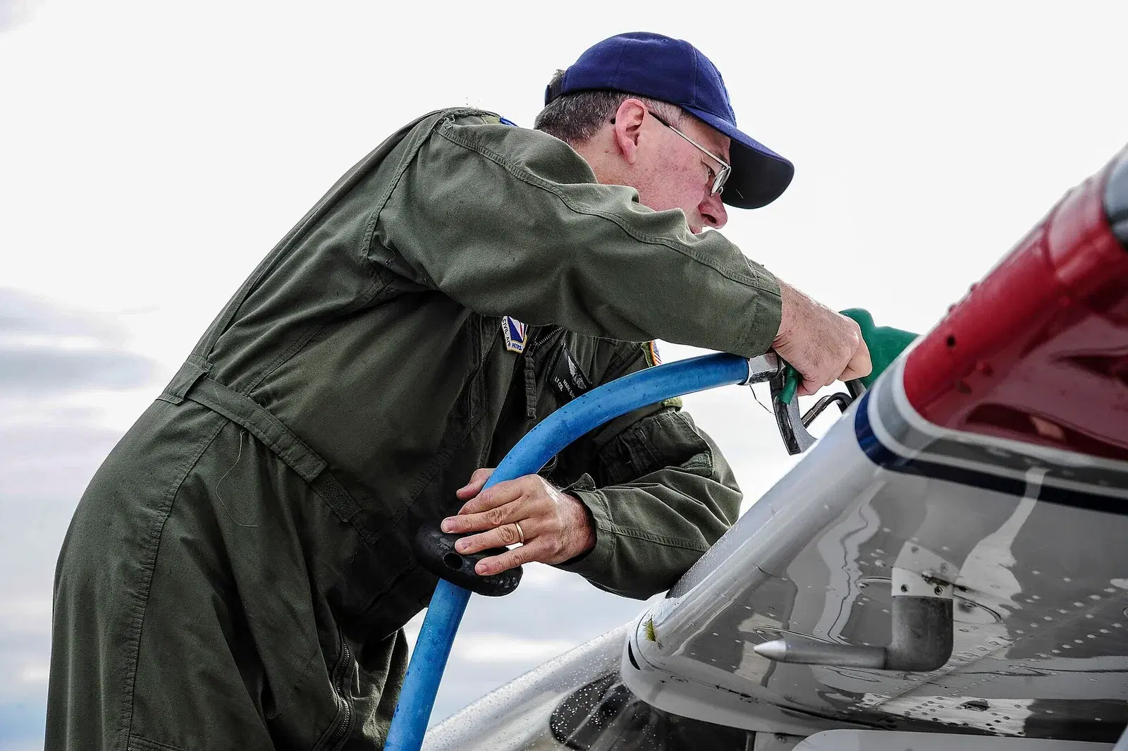 Refuelling a Cessna 172 wing tank from a fuel truck at an Alaskan airfield
