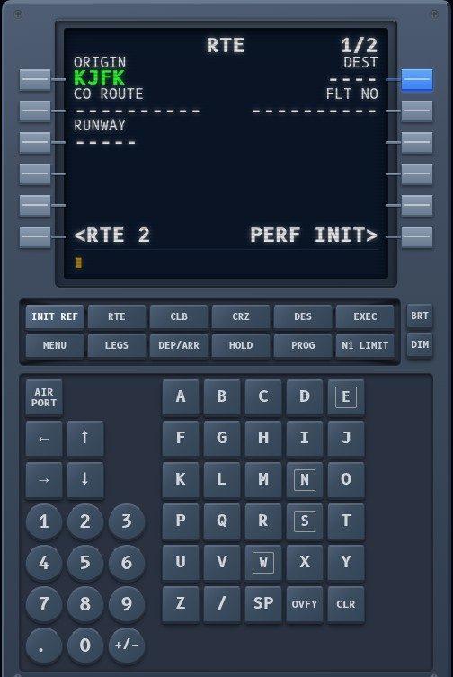 SimTuts Boeing 737 CDU trainer showing the RTE page with KJFK origin