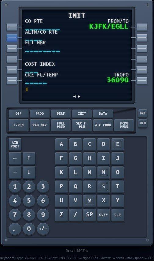 SimTuts A320 MCDU trainer showing the INIT page with a KJFK to EGLL route